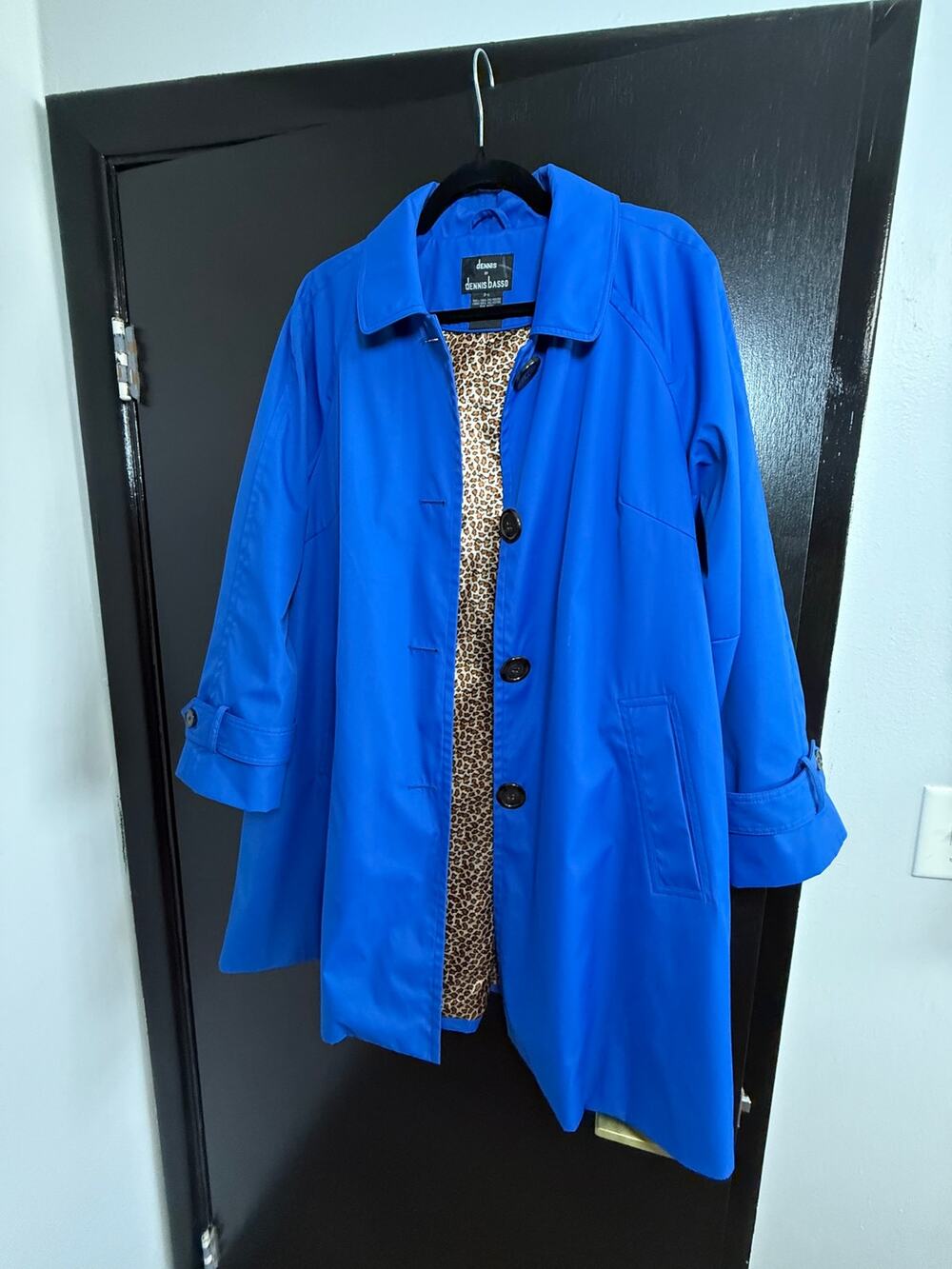 Dennis by Dennis Basso Royal Blue Trench Coat Leopard Lined Petite Large PL